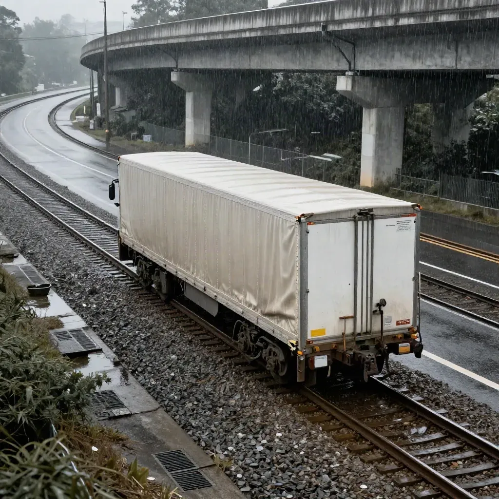 Rainy rail-and-road interchange with a box trailer, twin tracks and an overpass