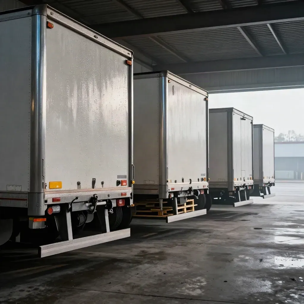 Three box trailers in a freight depot bay under canopy, wet concrete steaming in dramatic morning light.