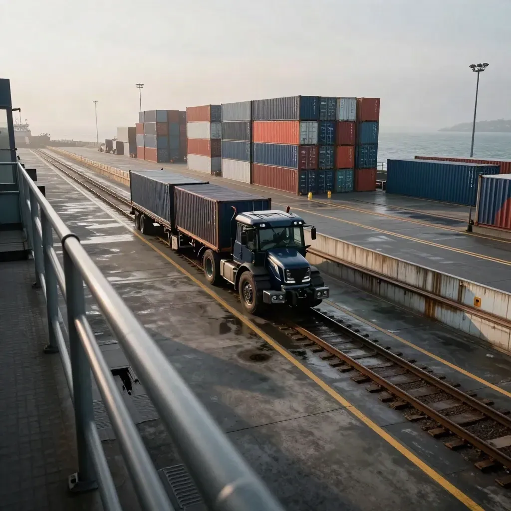 Elevated view of a truck turning past rail tracks toward a ferry quay in coastal mist.