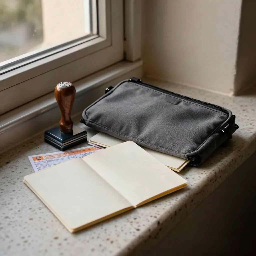 Customs pouch, sleeves, stamp block and seal on a travertine ledge by an open border window.
