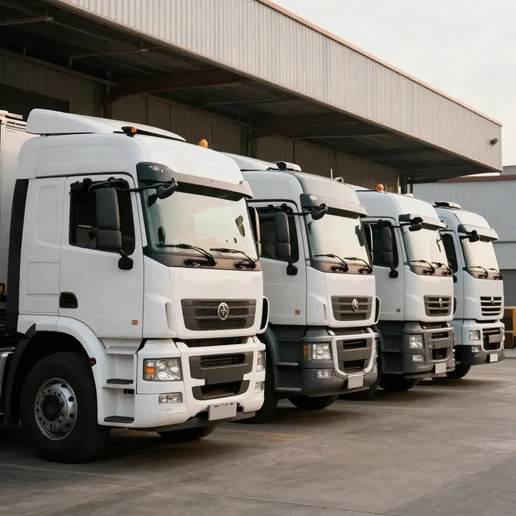 Four white tractor units lined beside a warehouse with dock plates and wheel chocks after rain.
