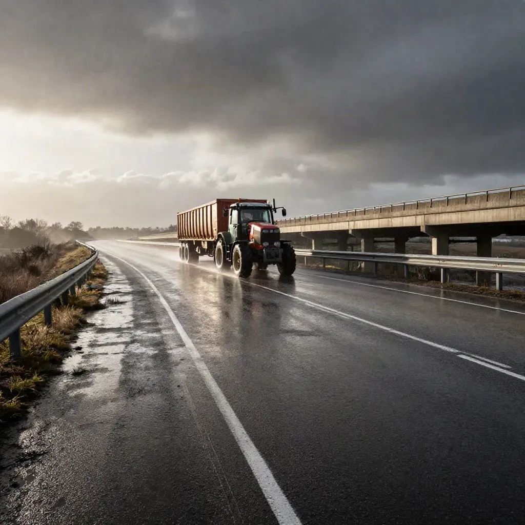 Wet border road, low bridge, and a freight tractor passing through a cleared lane in rain