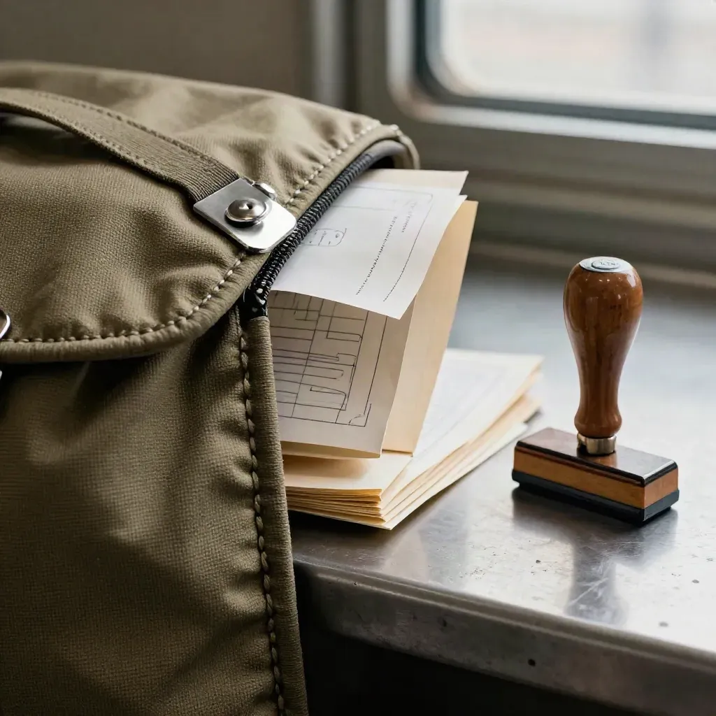 Customs pouch, papers, clip and stamp block on a metal counter under cool light