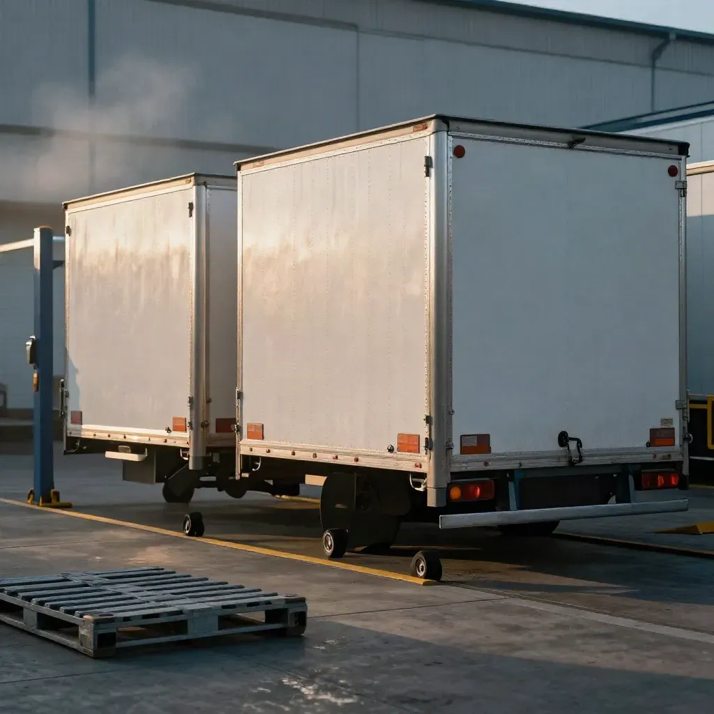 Trailer bay with three rear doors, an open dock, pallet cage and wheel chocks in warm evening light.