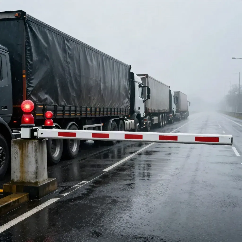 Rain-slick border lane with barrier arm, red beacons, and stalled freight trucks in fog.
