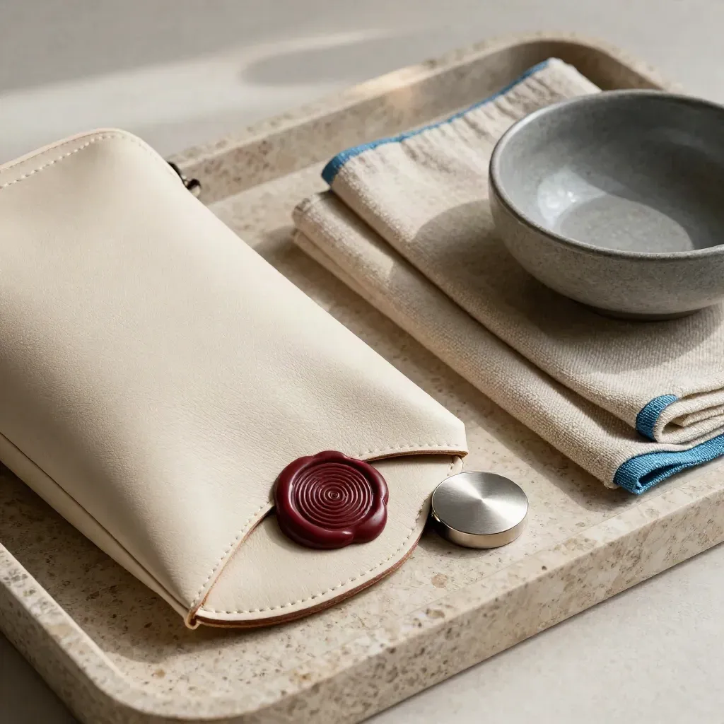 Cream customs pouch with wax seal, clip, linen and ceramic bowl on a stone tray in soft morning light.